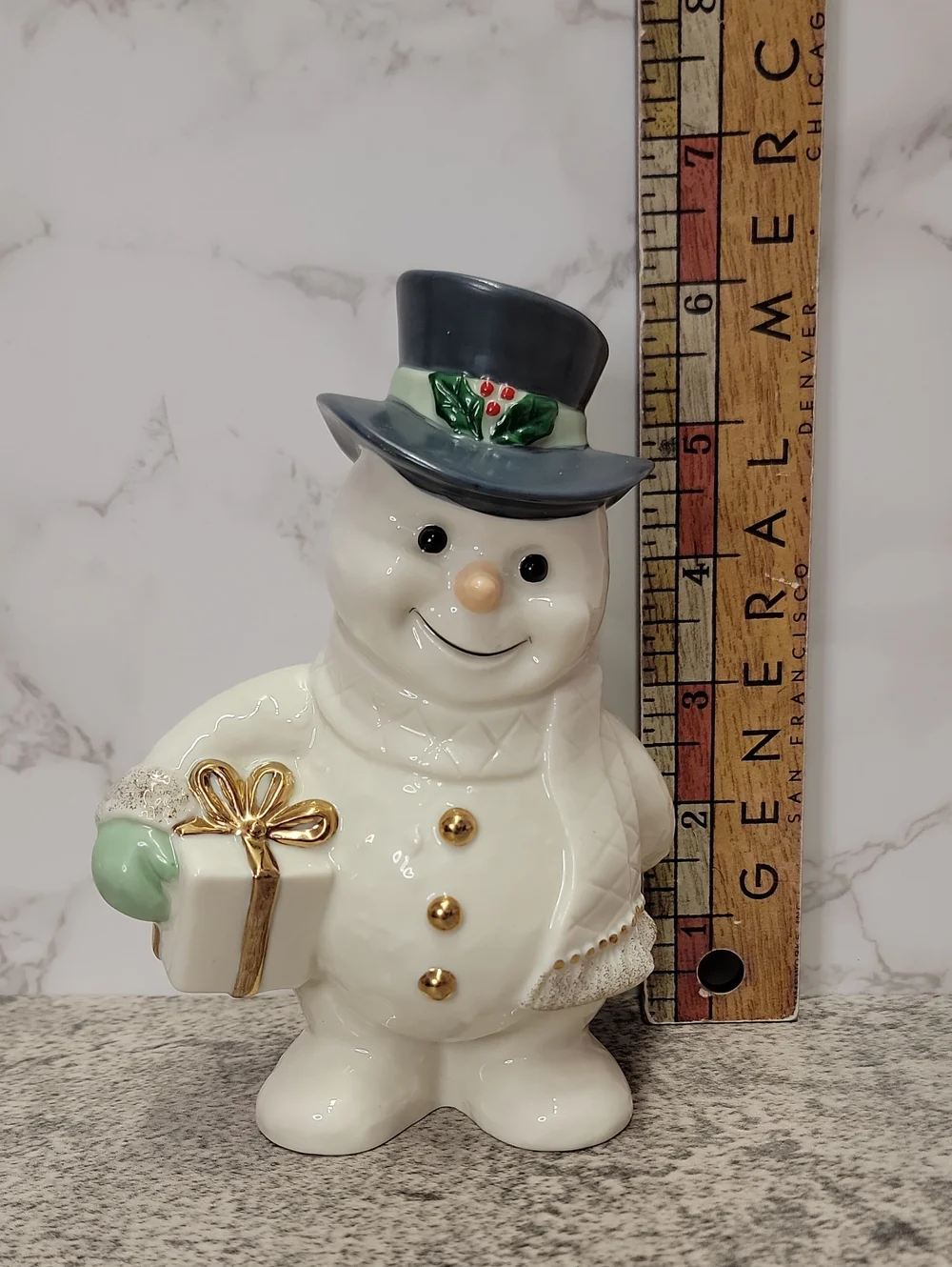 Lenox Frosty Snowman Figurine With Blue / Gray Hat Gold Trim Holding Present
